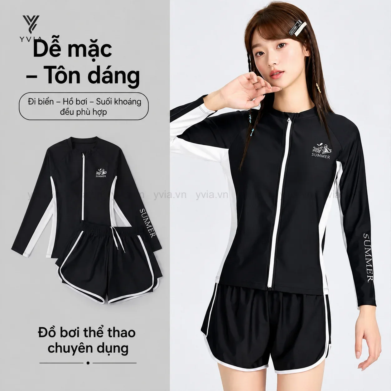 Set đồ bơi mẹ & bé tay dài khóa kéo + quần short – ảnh 4