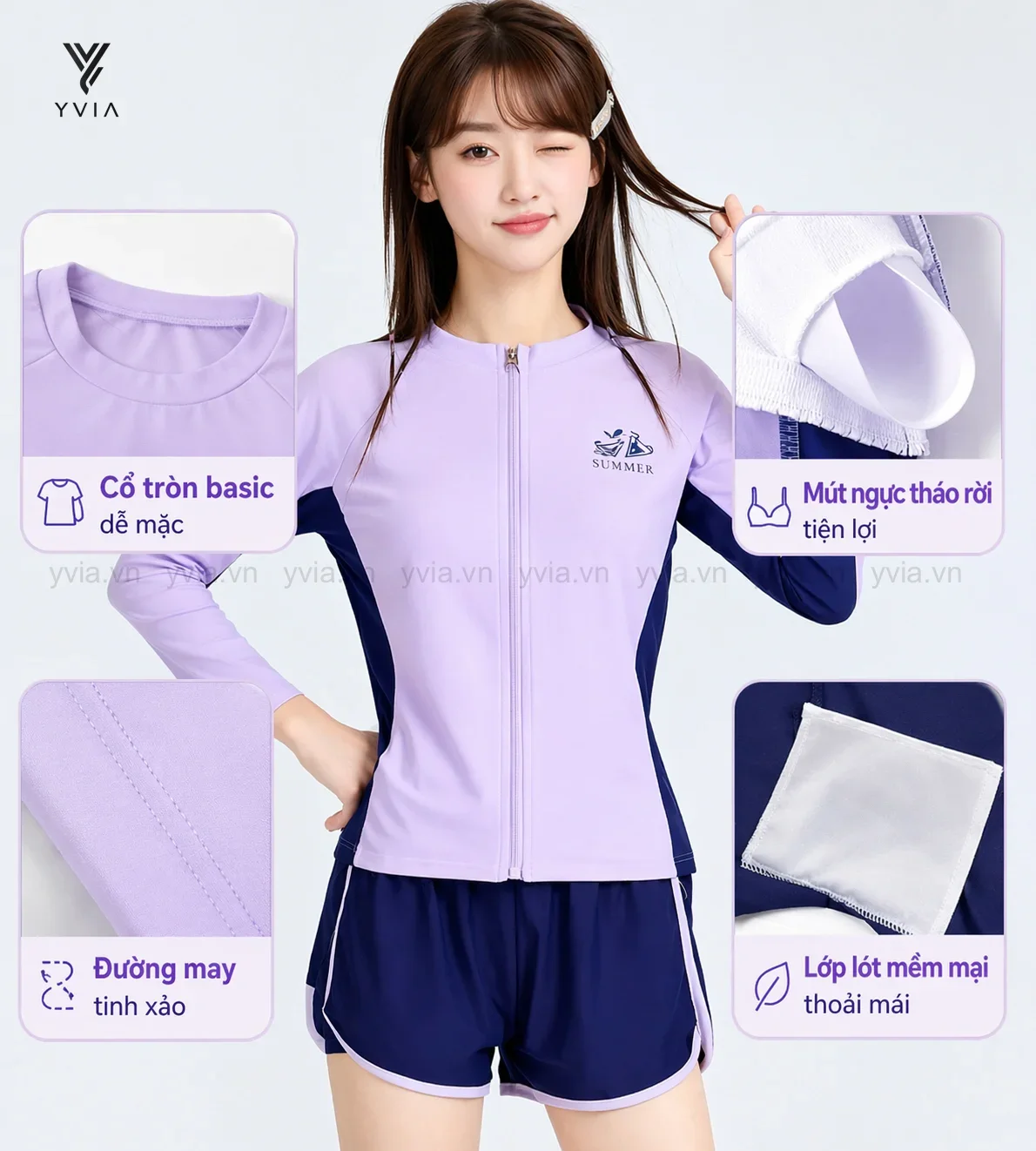 Set đồ bơi mẹ & bé tay dài khóa kéo + quần short – ảnh 2
