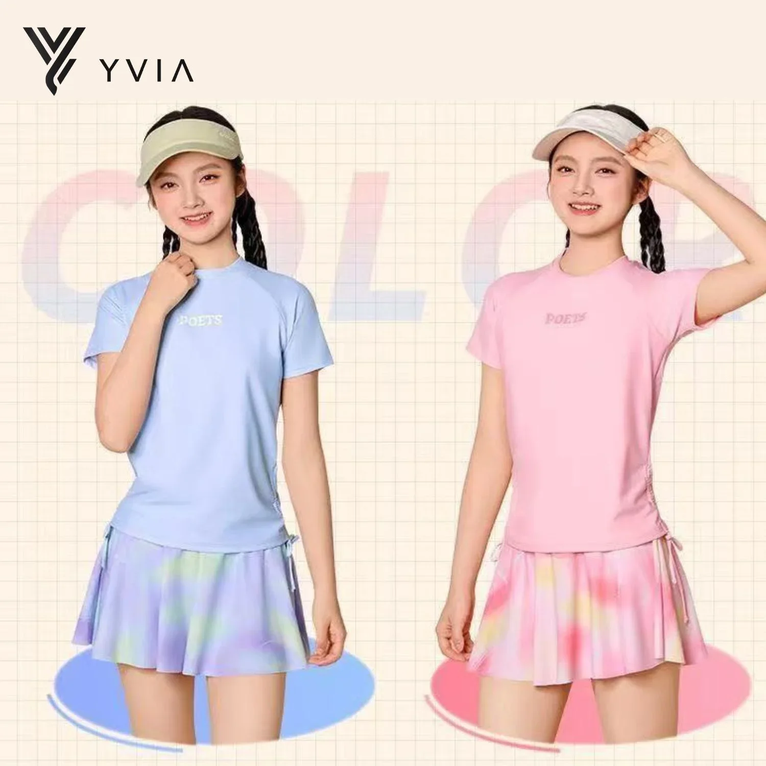Bộ đồ bơi áo ngắn với dòng chữ POETS điểm nhấn với dây thắt rút 2 bên & váy ngắn – ảnh 2
