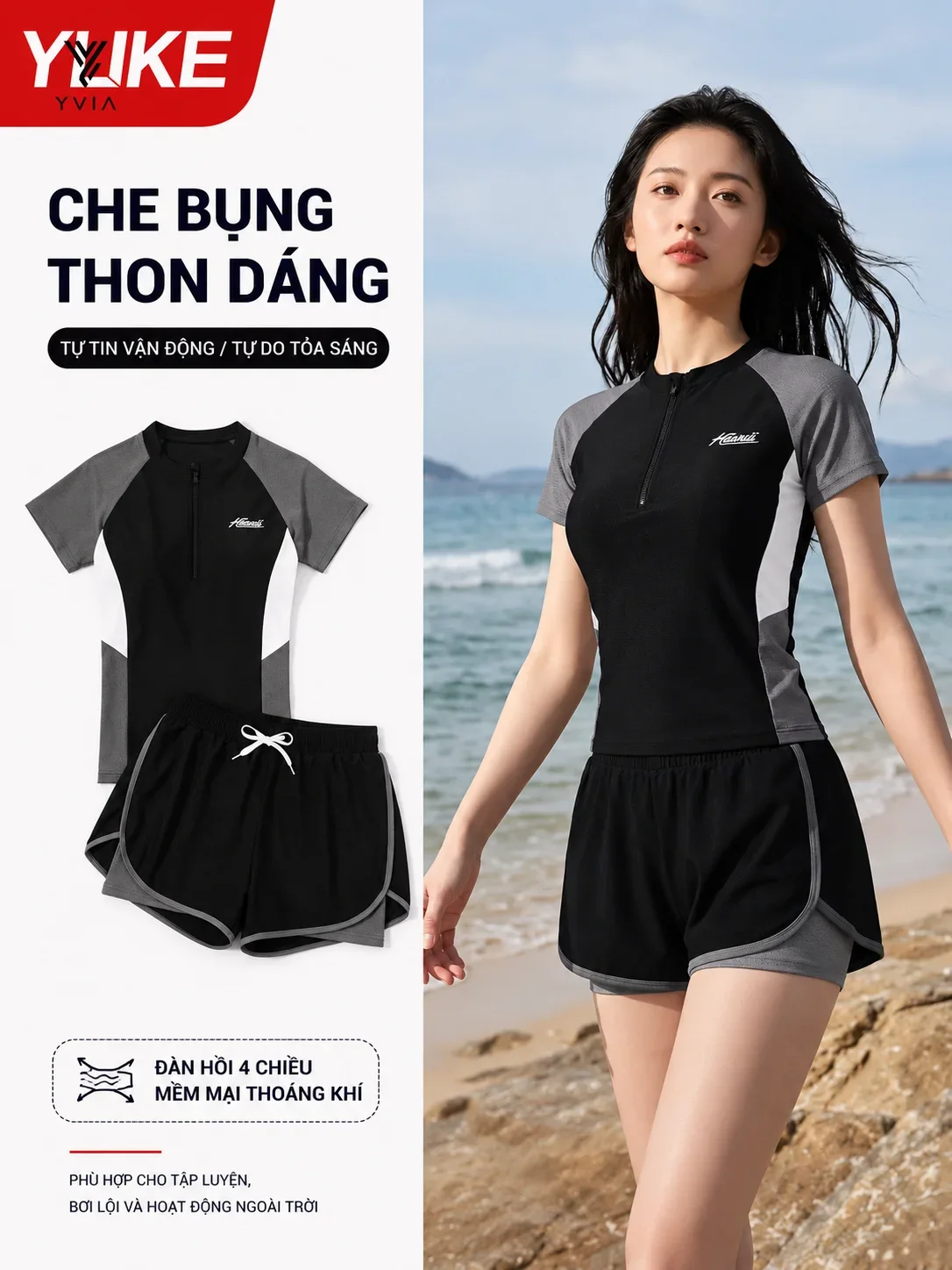 Bộ đồ bơi áo có dây kéo với tay ngắn có lỗ thông khí và quần ngắn – ảnh 4