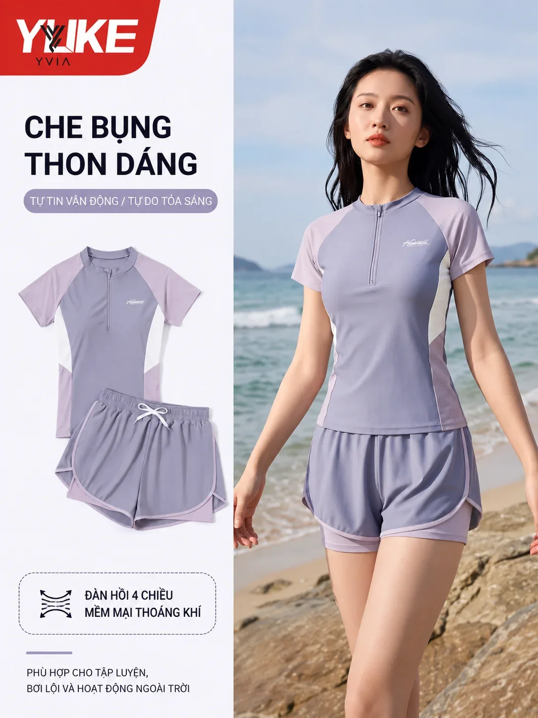 Bộ đồ bơi áo có dây kéo với tay ngắn có lỗ thông khí và quần ngắn – ảnh 3