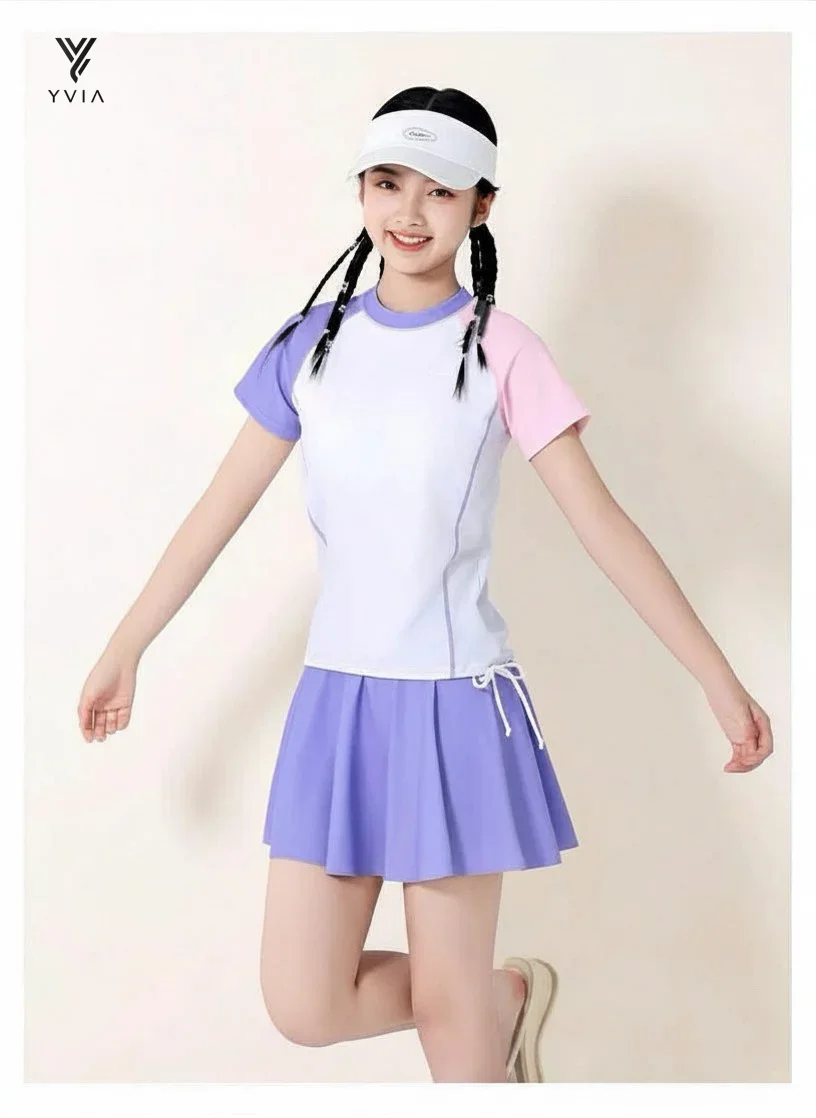 Bộ đồ bơi mẹ & bé tay ngắn 2 màu + váy xếp ly nhẹ màu tím – ảnh 4