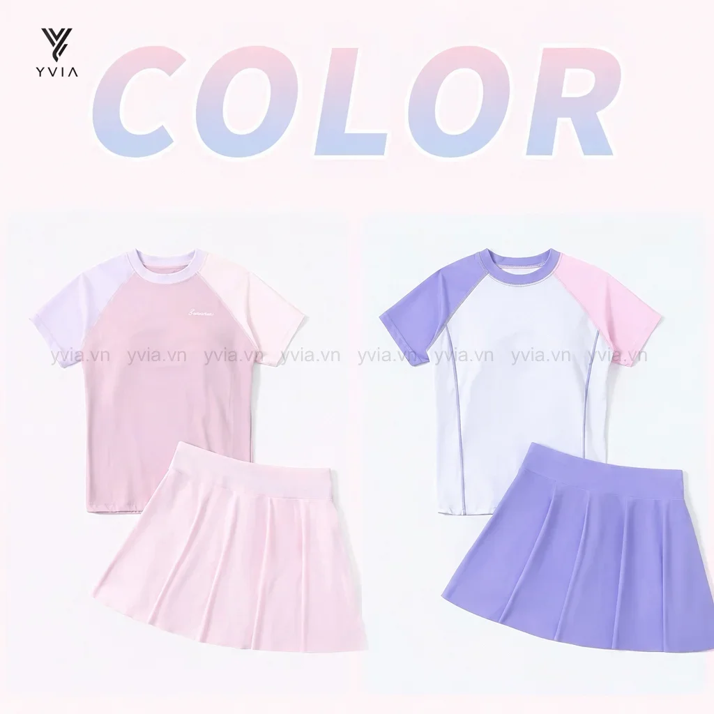 Bộ đồ bơi mẹ & bé tay ngắn 2 màu + váy xếp ly nhẹ màu tím – ảnh 3