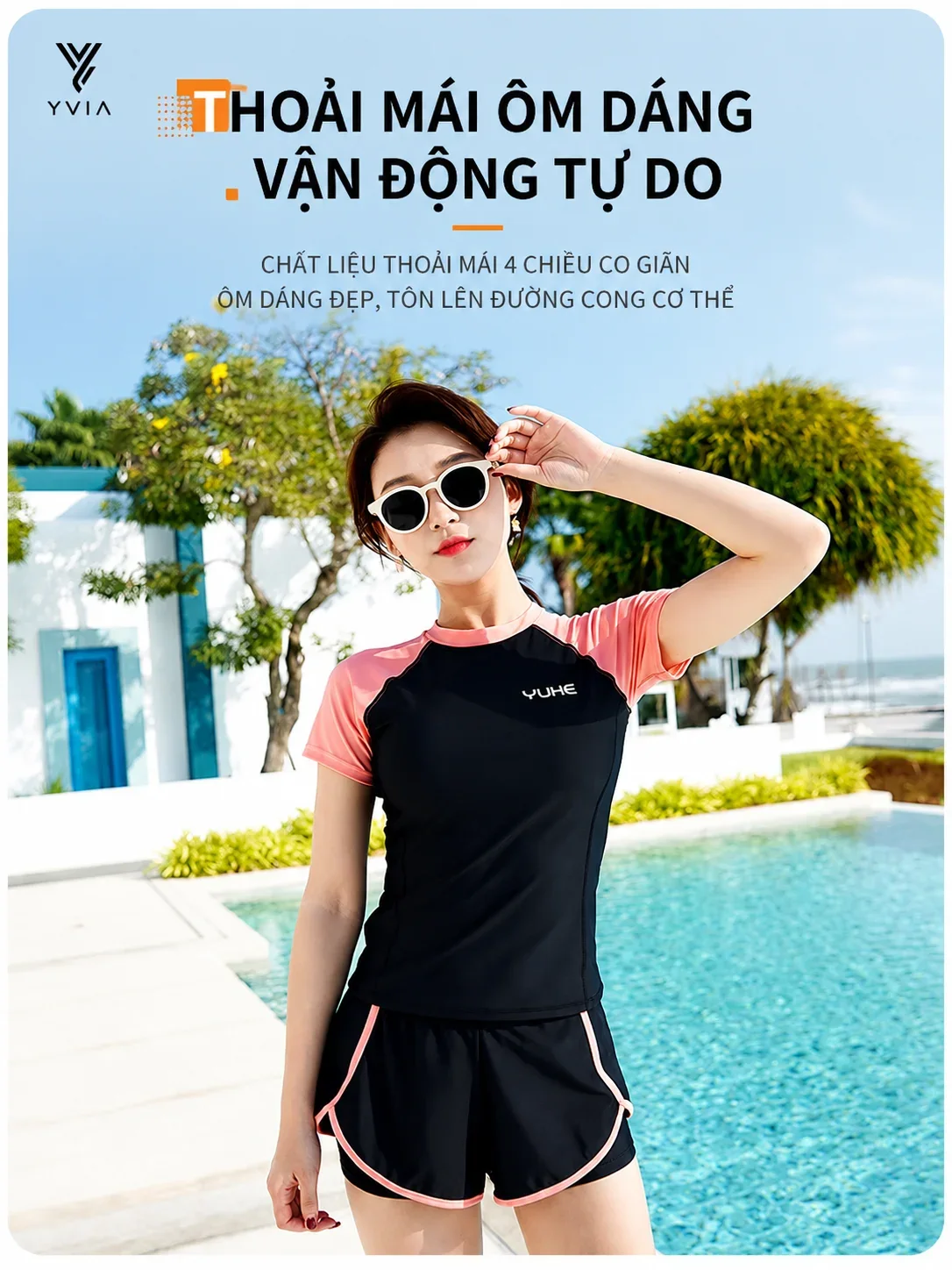 Bộ đồ bơi áo và quần ngắn màu đen với điểm nhấn tay màu nổi và lớp lưới mỏng gợi cảm sau lưng – ảnh 2