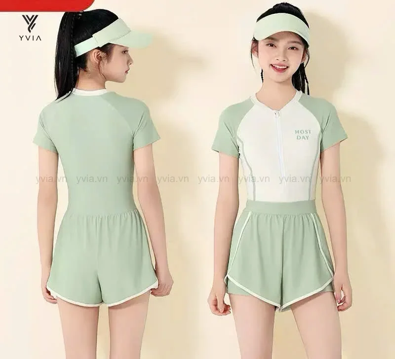 Bộ đồ bơi jumsuit mẹ & bé tay ngắn có khóa kéo – ảnh 3