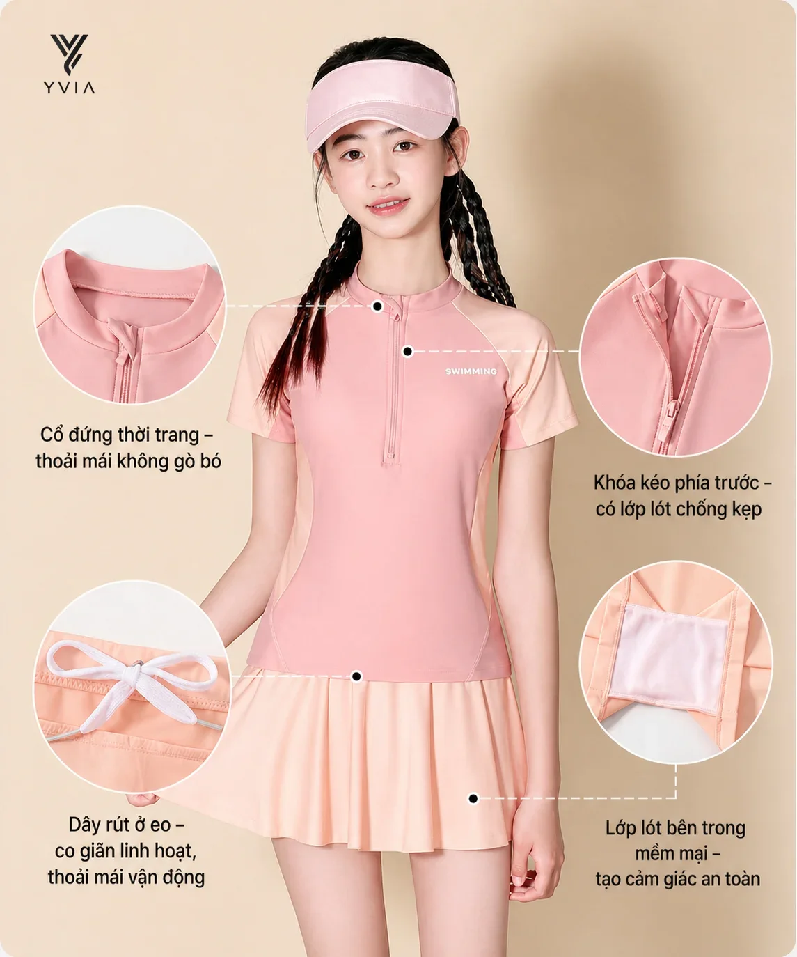 Bộ đồ bơi mẹ & bé tay ngắn khác màu có khóa kéo + váy xếp ly nhẹ – ảnh 2
