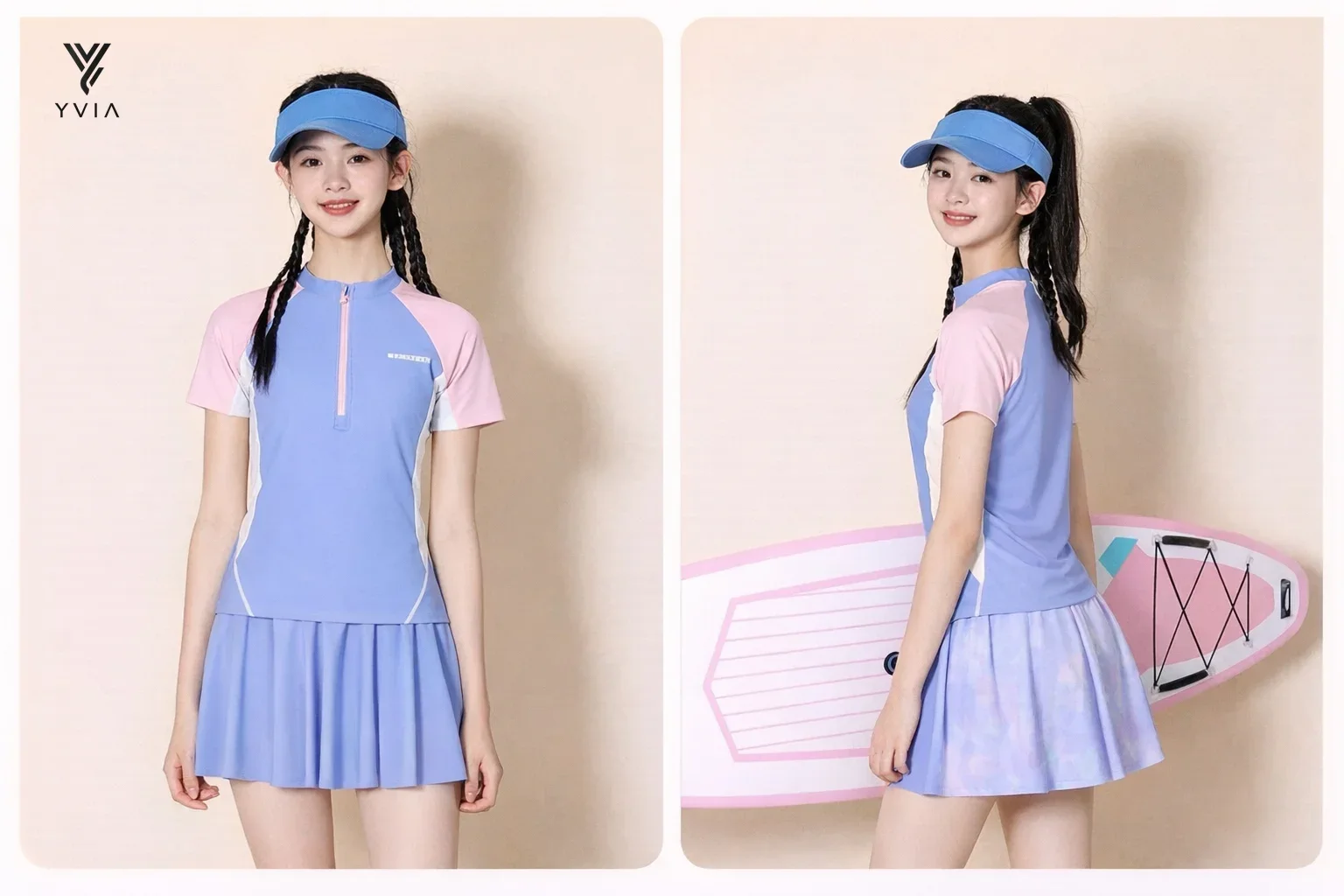 Bộ đồ bơi mẹ & bé tay ngắn khác màu có khóa kéo + váy xếp ly nhẹ – ảnh 3