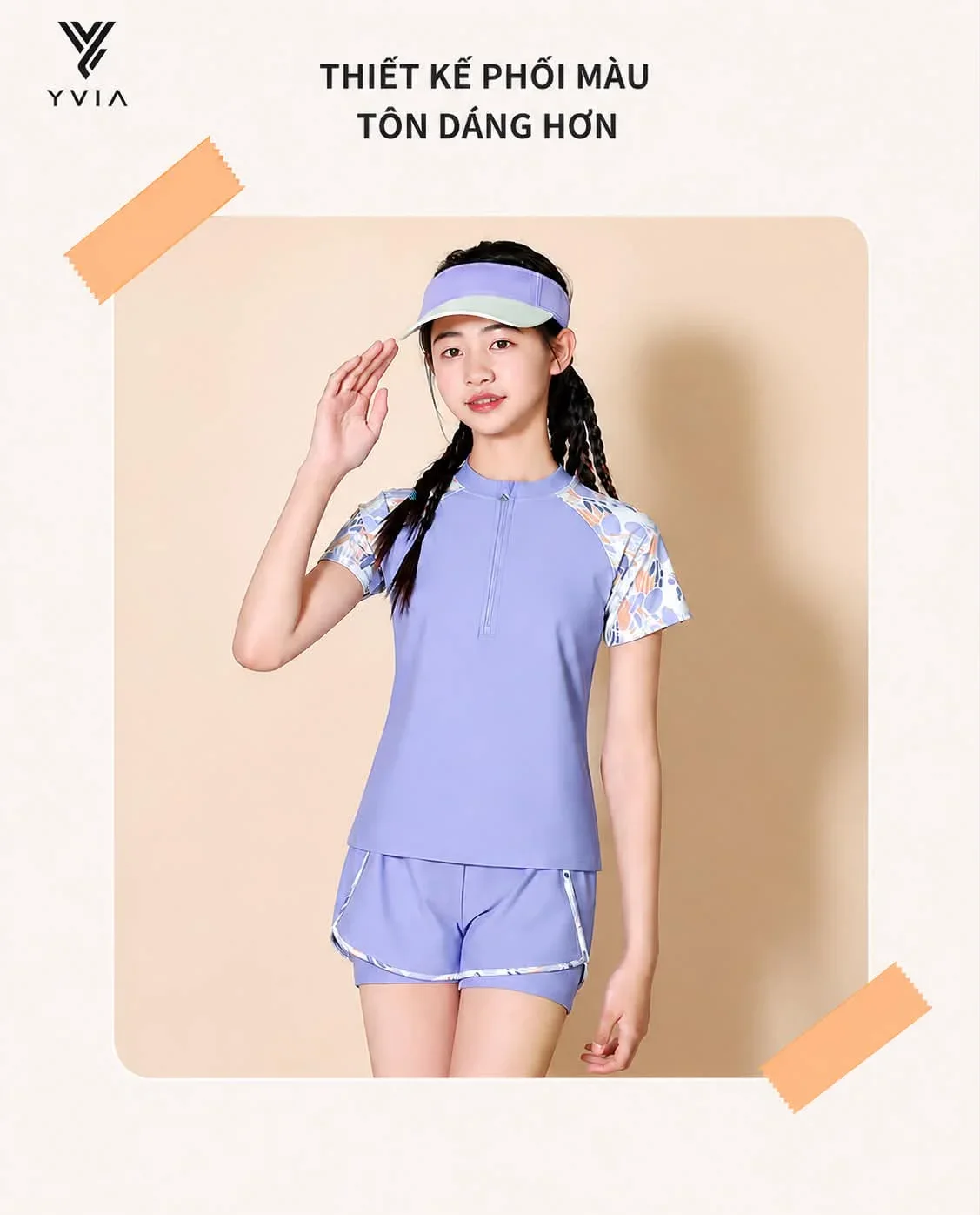 Set đồ bơi mẹ & bé tay ngắn hình hoa văn + quần 2 lớp – ảnh 3