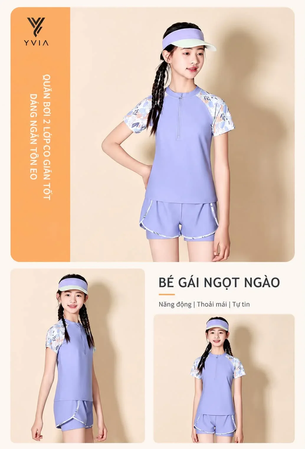Set đồ bơi mẹ & bé tay ngắn hình hoa văn + quần 2 lớp – ảnh 4
